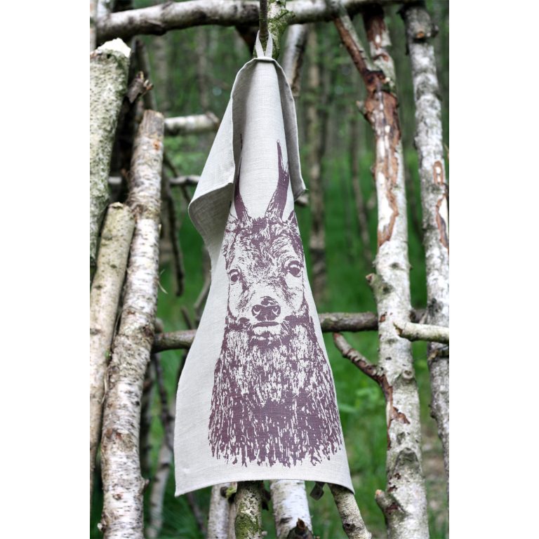 Frohstoff Geschirrtuch aus Leinen mit Rehbock Motiv in einem Wald mit Birken