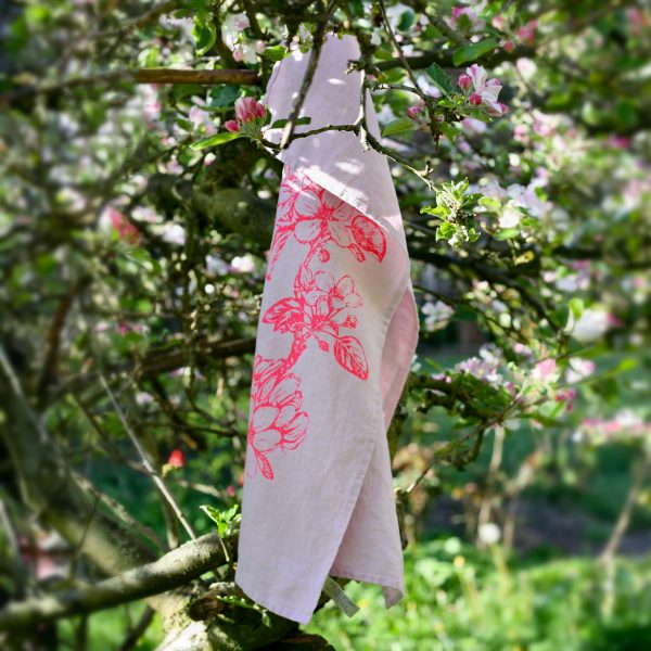 Frohstoff Leinengeschirrtuch Rosa mit dem Siebdruckmotiv Apfelblüte in neonpink
