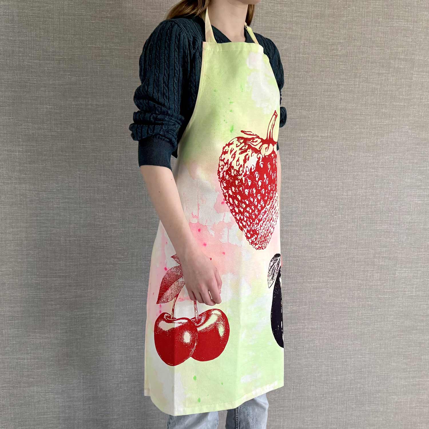 Frohstiff Unique Schürze mit verschiedenem Obst als Motiv in bunten Farben