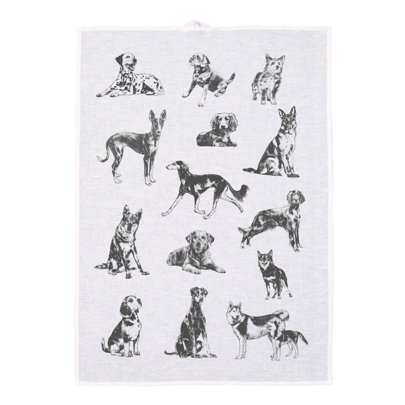 Frohstoff halbleinen Geschirrtuch mit Hunderassen als anthrazitfarbenes Motiv