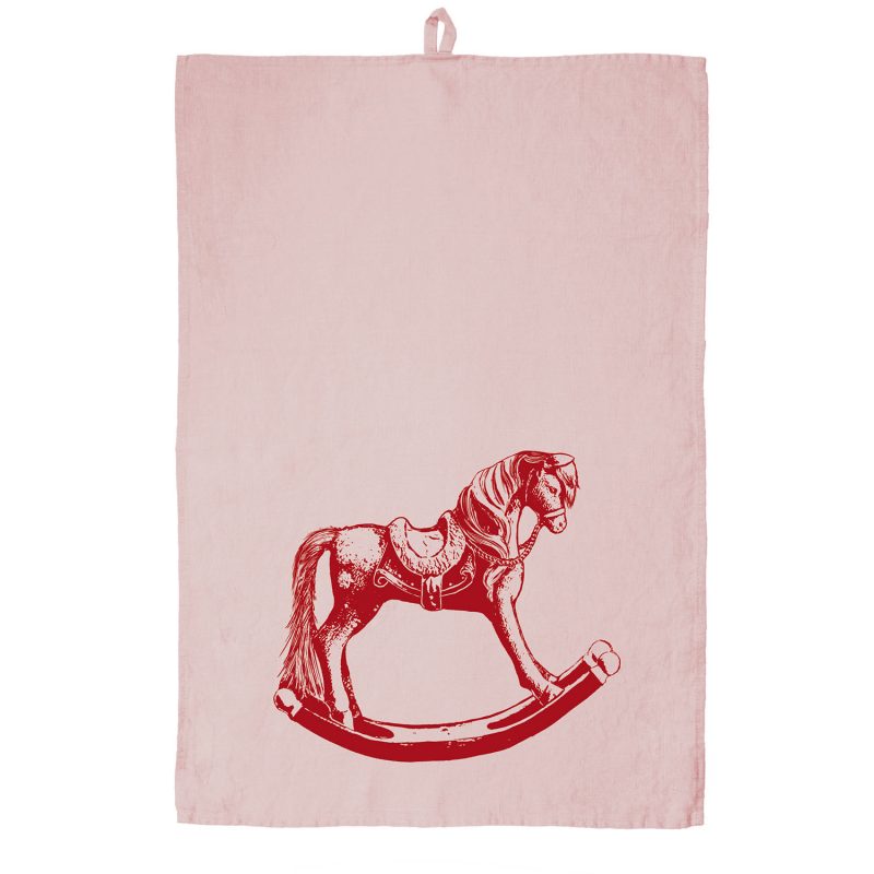 Frohstoff Leinengeschirrtuch in Rosa mit dem Siebdruckmotiv Schaukelpferd in rot