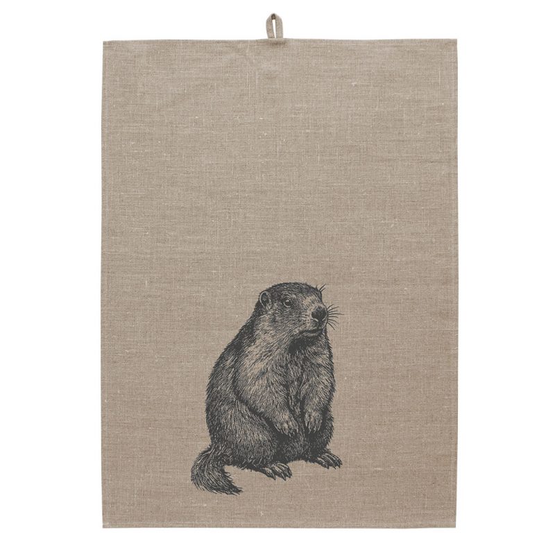 Naturfarbenes Geschirrtuch aus ungebleichtem Leinen mit handbedrucktem Murmeltier-Motiv in Anthrazit, gefertigt in Hamburg