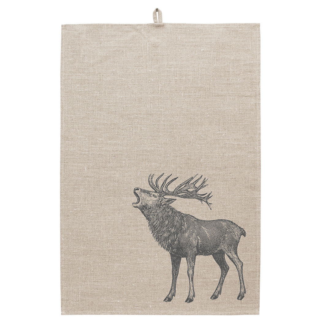 Frohstoff Leinengeschirrtuch in Natur mit dem Siebdruckmotiv Hirsch in anthrazit.