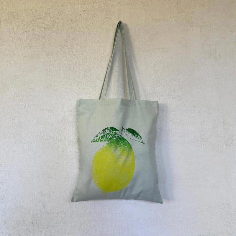 Frohstoff minzfarbener Stoffbeutel mit dem Motiv Zitrone als Irisdruck