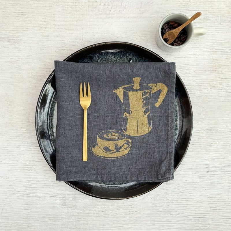 Frohstoff Serviette aus anthrazitfarbenen Leinenstoff mit dem Kaffeemotiv