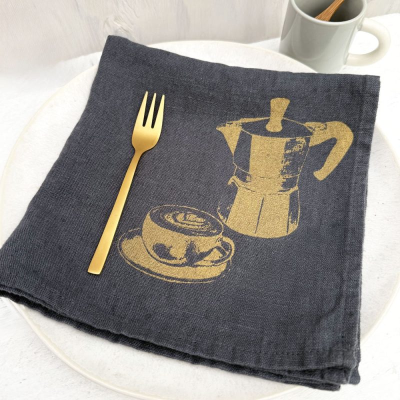 Frohstoff Serviette aus anthrazitfarbenen Leinenstoff mit dem Kaffeemotiv