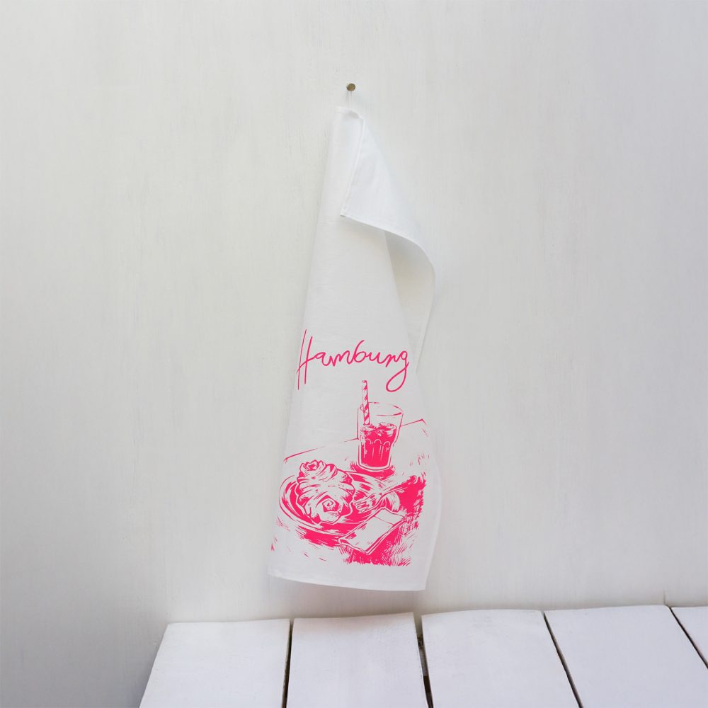 Frohstoff Geschirrtuch mit dem Hamburger Motiv "Franzbroetchen" in der Farbe neonpink