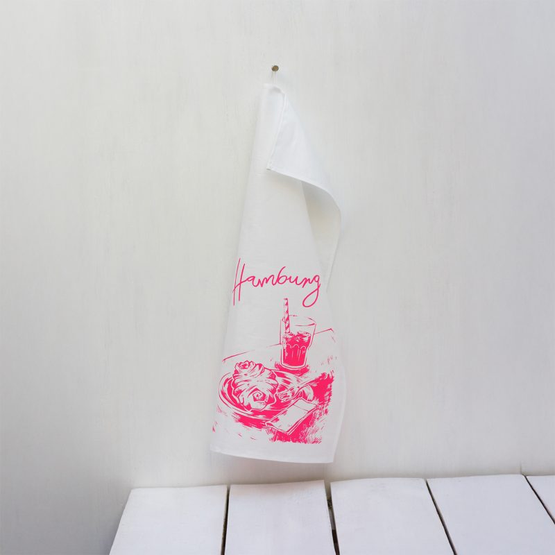Frohstoff Geschirrtuch mit dem Hamburger Motiv "Franzbroetchen" in der Farbe neonpink