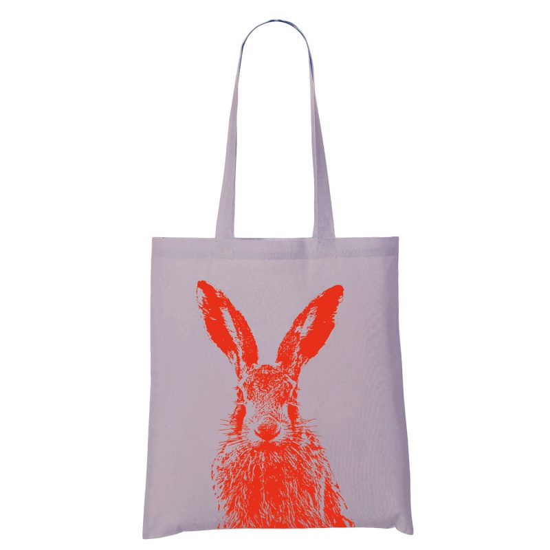 Frohstoff Stoffbeutel in der Farbe Flieder mit dem Motiv Feldhase in leuchtendem rot