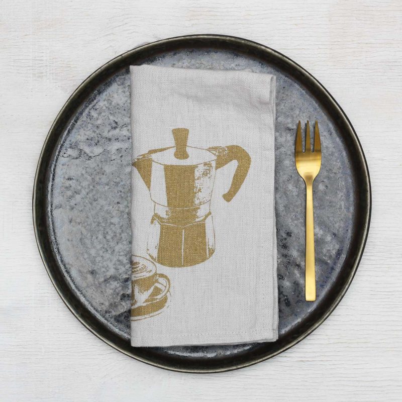 Frohstoff Serviette in grau mit dem Barista Motiv Kaffe in der Farbe messing